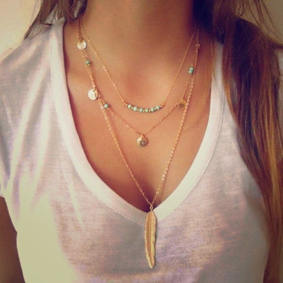 3 layer turquoise and feather necklace 16” +2 - Picture 1 of 4